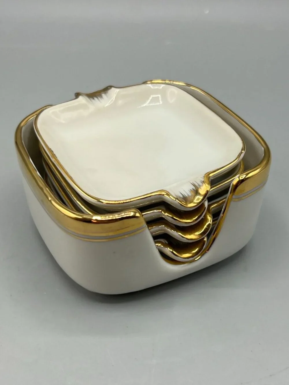 1960s Dining Table 4 Personal Ashtrays Set Gold Trim Vintage Elegant MCM Setting